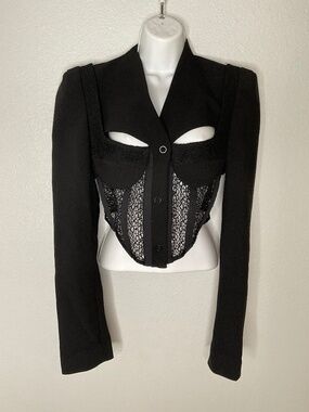 Corset Tailored Black Jacket Lace Sexy Black Lace Panel V Neck Size S